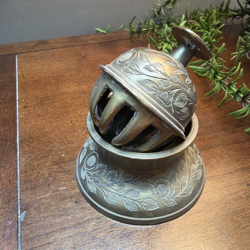 Vintage Solid Brass Elephant Claw Bell Engraved Leaf Pattern with Stand 3"